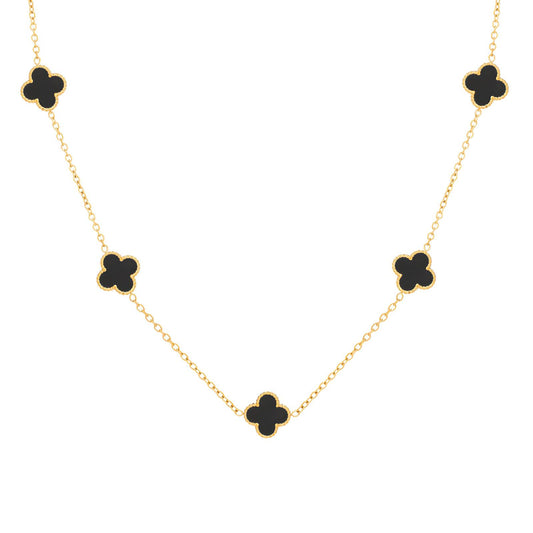 18K Gold Plated Stainless Steel Black Enamel Flower Necklace