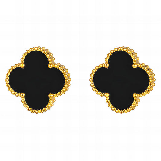 18K Gold Plated Stainless Steel Black Enamel Flower Earrings