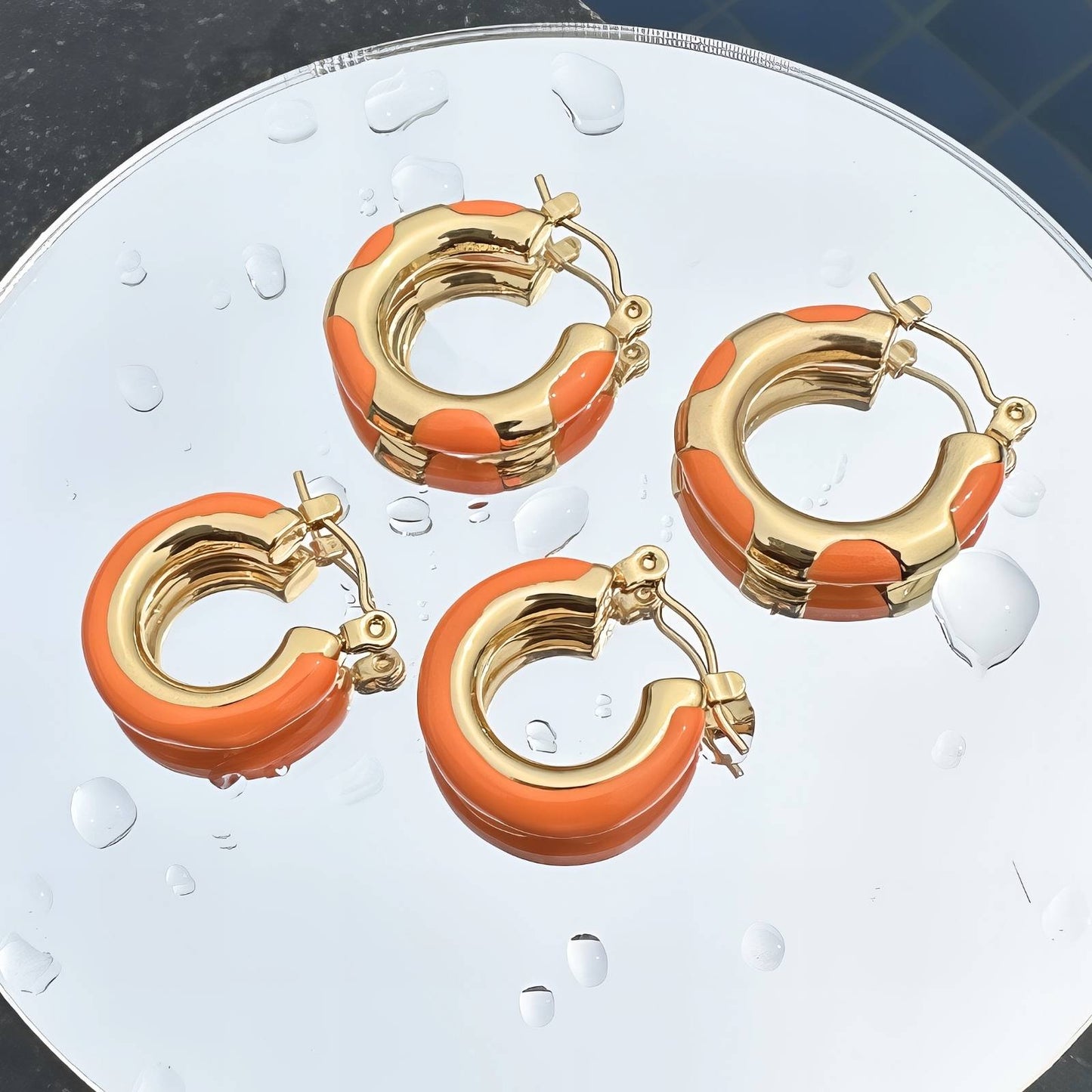 18K Gold Plated Stainless Steel Orange Enamel Small Hoops Earrings