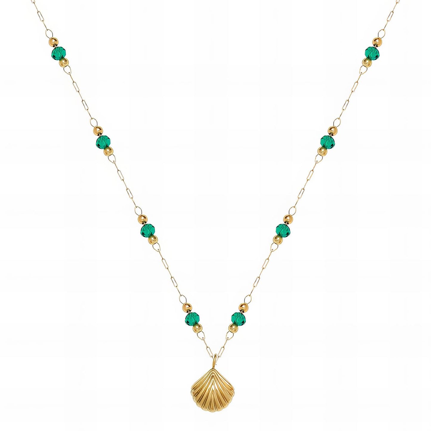 18K Gold Plated Stainless Steel Shell With Green Beads Necklace